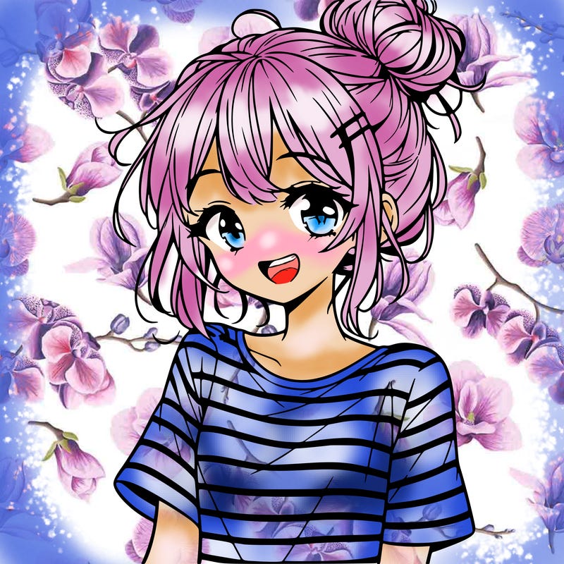 anime girl teenager striped shirt and smile and messy bun