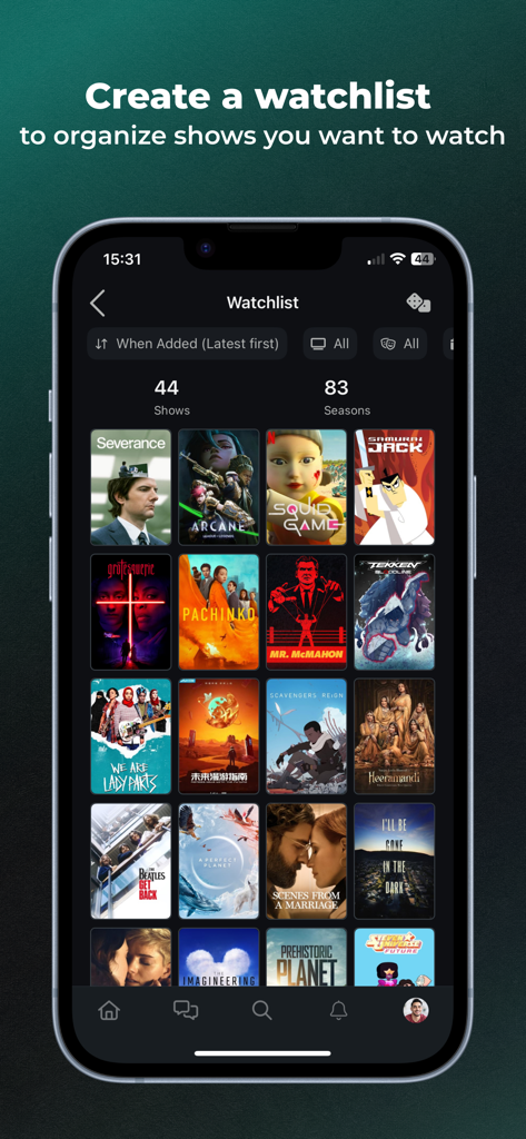 Uma tela de smartphone exibindo uma grade de pôsteres de séries de TV em uma lista de observação do aplicativo Serializd