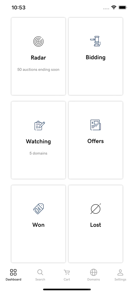 Panel de control de la aplicación GoDaddy Investor con secciones para Radar, Pujas, Seguimiento y Ofertas para rastrear subastas de dominios.