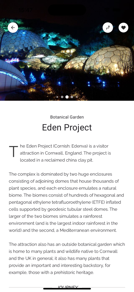 On the way: road trip app - A detailed view of the Eden Project botanical garden in the On the way road trip app
