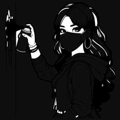 realistic girl with mask spray painting a wall