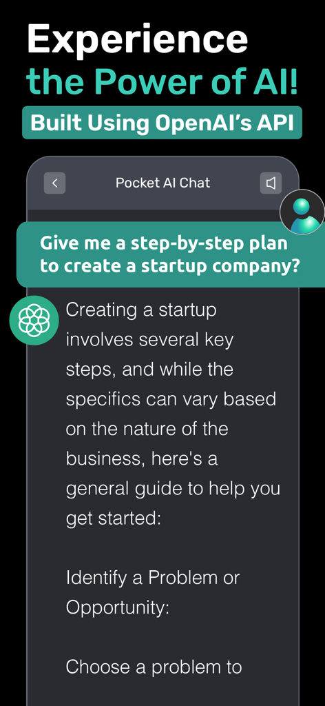 A screenshot of the PocketAI app interface showing a chat window where a user asks for a step-by-step startup plan and receives an AI response.