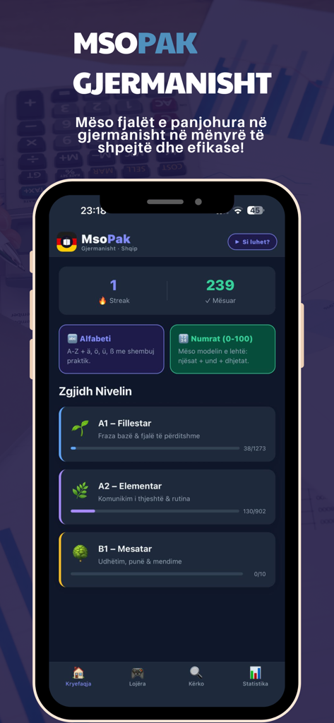 Panel de la aplicación móvil MsoPak que muestra los niveles de aprendizaje del idioma alemán de A1 a B1 para hablantes de albanés.