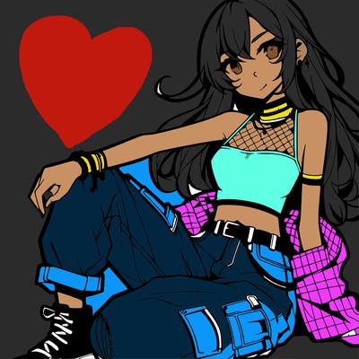 anime girl with a crop top and ripped jeans