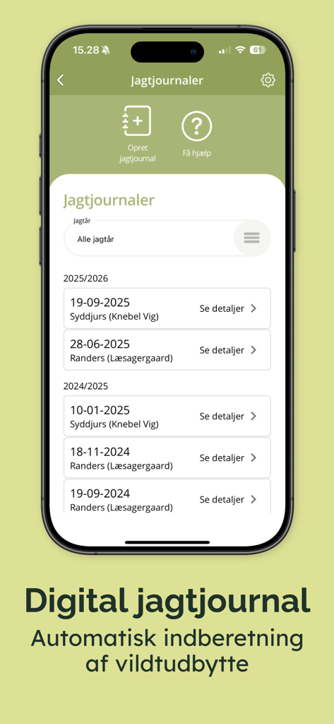 Jæger - Tela de smartphone mostrando a lista do diário de caça digital no aplicativo Jaeger