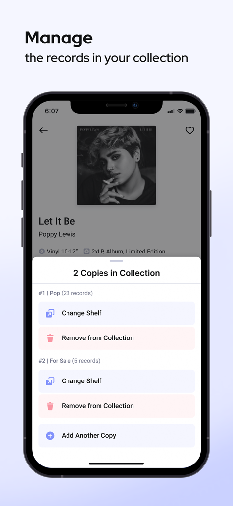 Interface for managing and organizing copies of vinyl records in a digital collection