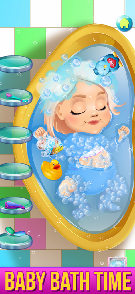 Baby Care & Dress Up Game - A cartoon baby taking a bubble bath with a yellow rubber duck in a gold tub.