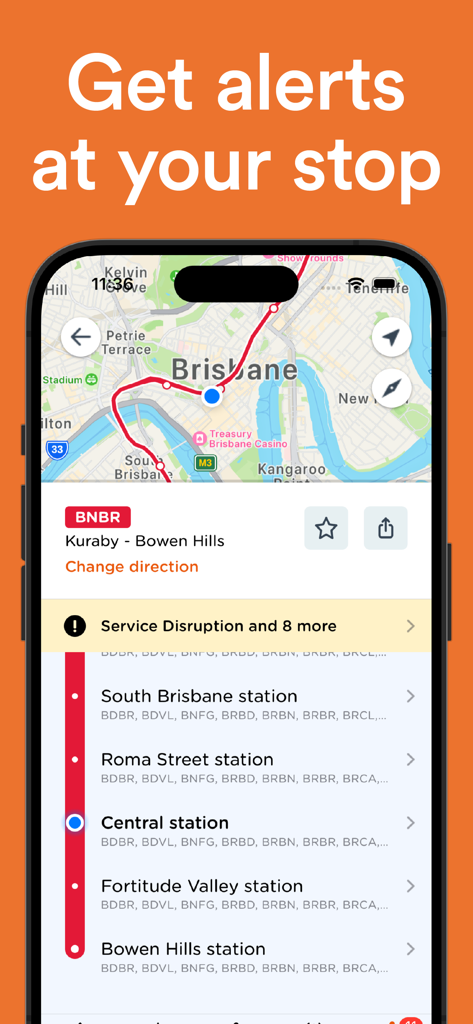HopToIt: Oz Bus & Train Times - Interface de l'application HopToIt montrant une carte de transport de Brisbane avec la liste des stations et des alertes de service en temps réel.