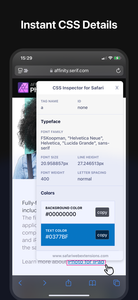 Interfaz móvil del Inspector CSS para Safari que muestra propiedades de fuente y color para un elemento de página web seleccionado