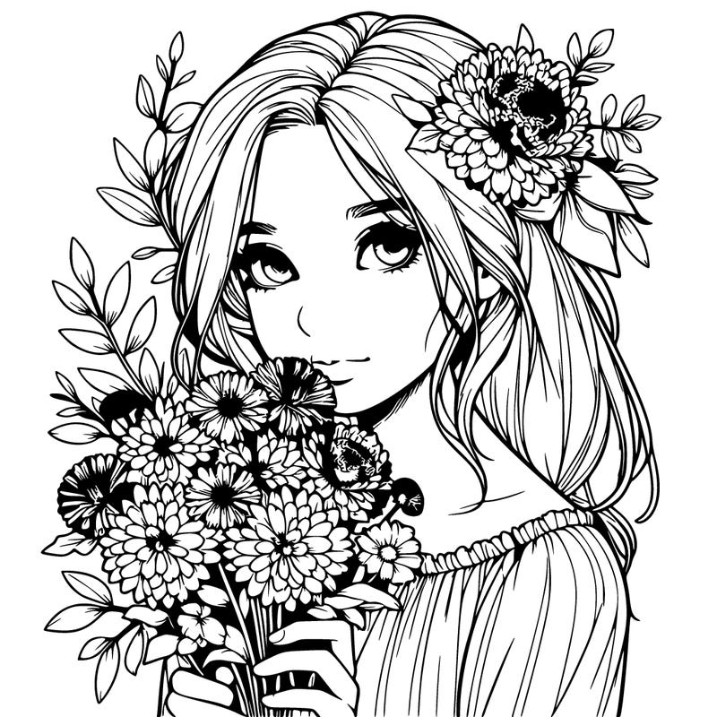 realistic girl with flowers