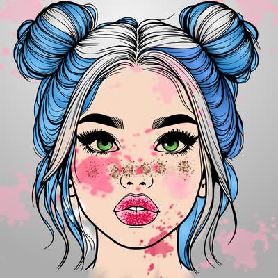 realistic girl with two buns on her hair and lips