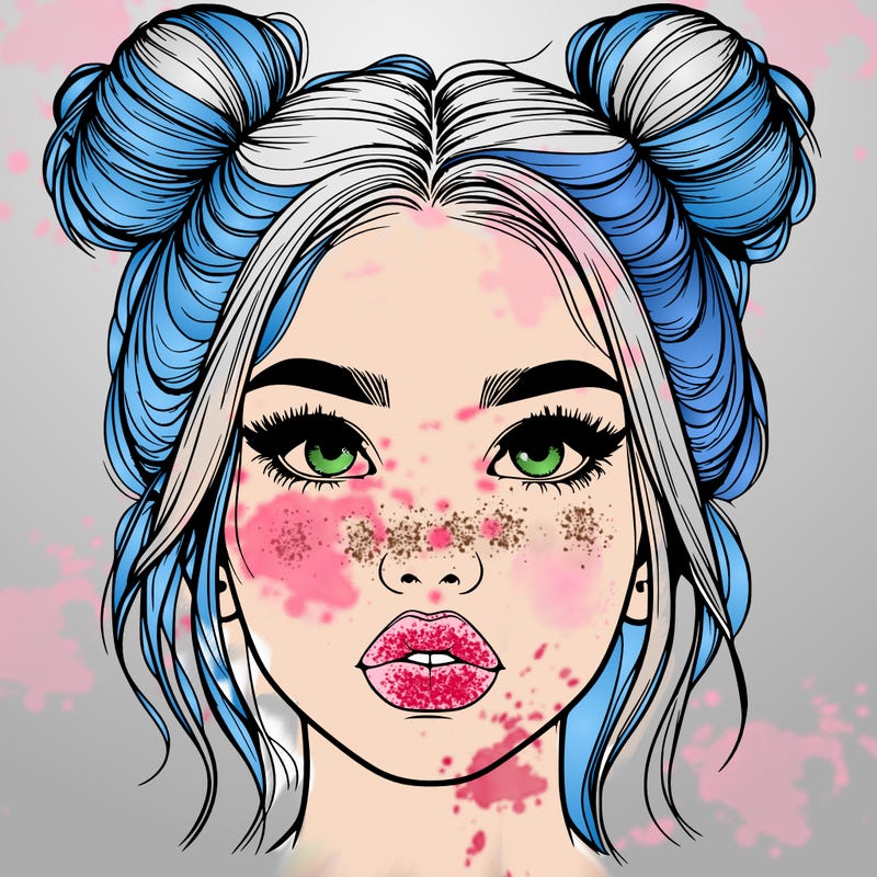 realistic girl with two buns on her hair and lips