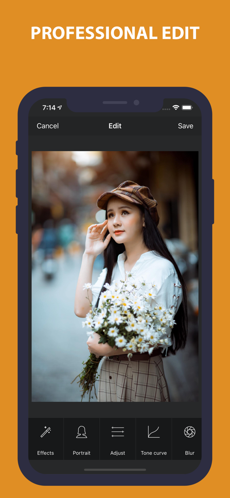 Mobile App-Oberfläche von Foto Collage mit professionellen Bearbeitungswerkzeugen wie Gradationskurve und Weichzeichnung auf einem Porträtfoto