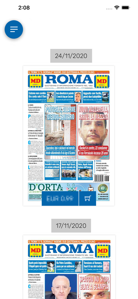 Roma edicola digitale - Interface of Roma edicola digitale app showing an archive of Il Roma newspaper front pages with dates