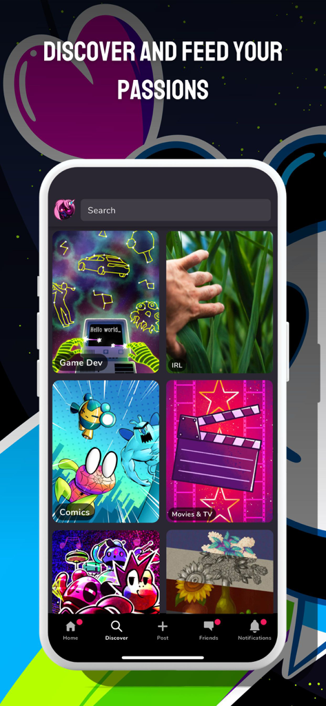 Game Jolt Social - Game Jolt Social app discover screen showing various creator communities like game dev and comics