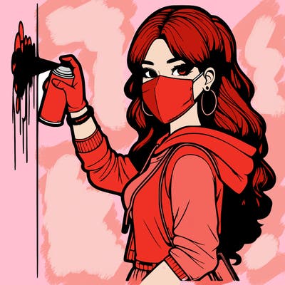 realistic girl with mask spray painting a wall