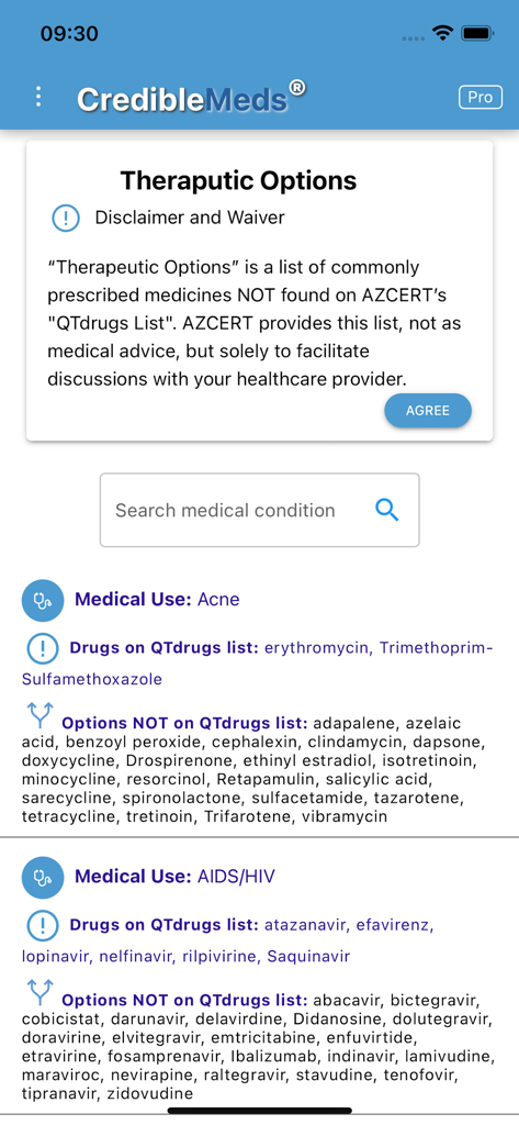 CredibleMeds app interface showing drug safety categories for medical conditions like acne and HIV.