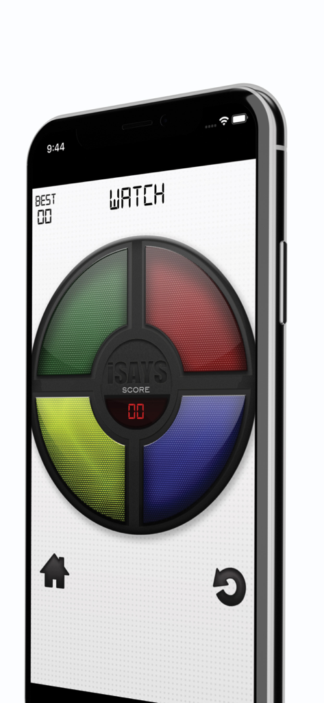 iPhone screen displaying the iSays memory game with green red yellow and blue buttons