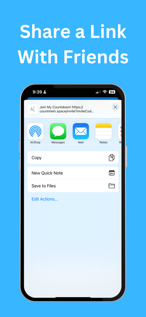 Count Me In: Shared Countdowns - Count Me In 앱에서 공유 카운트다운에 참여하는 링크를 보여주는 iOS 공유 시트