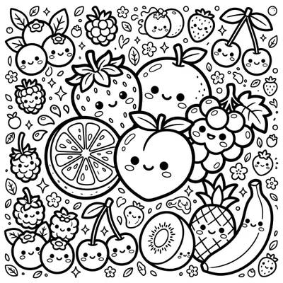 Discover a delightful collection of your favorite fruits and berries, all brought to life in an irresistibly cute Kawaii style. This charming coloring page is bursting with smiling faces and juicy details, ready for your creative touch.