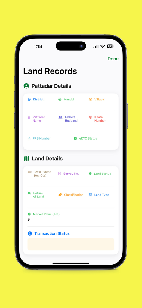 Dharani-Telangana Land Record - Screenshot of Dharani app interface showing Pattadar and Land Details for Telangana property records