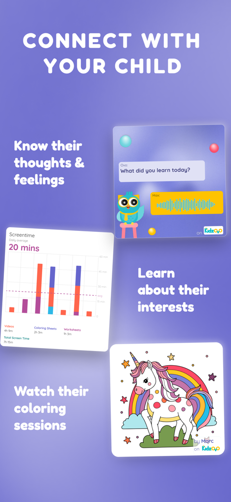 Kidzovo: Kids TV with AI Buddy - Kidzovo app parent dashboard showing screen time statistics, child voice recordings from the AI buddy, and a coloring activity summary.