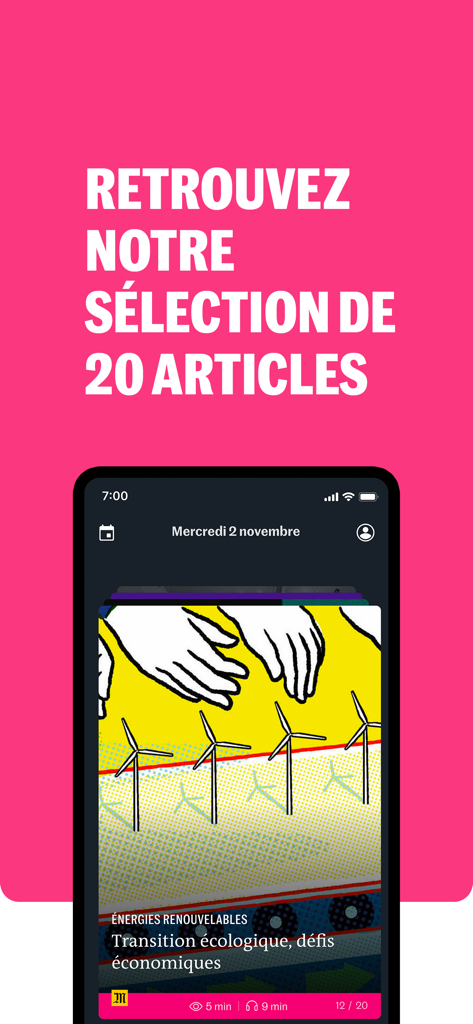 Interface of La Matinale du Monde app showing a daily selection of 20 news articles on a card-based layout