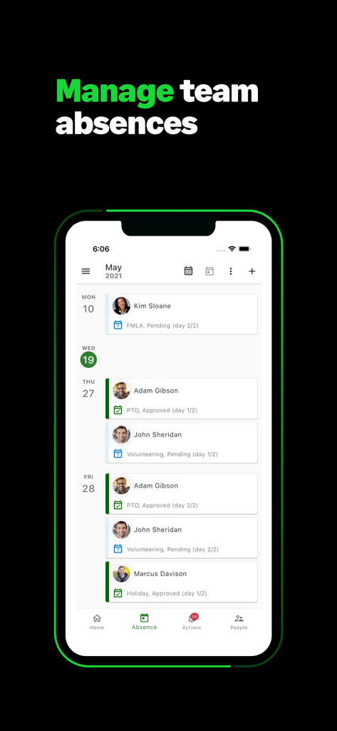 Sage People - Sage People Mobile App-Oberfläche mit Abwesenheitsanträgen und Urlaubsstatus von Teammitgliedern