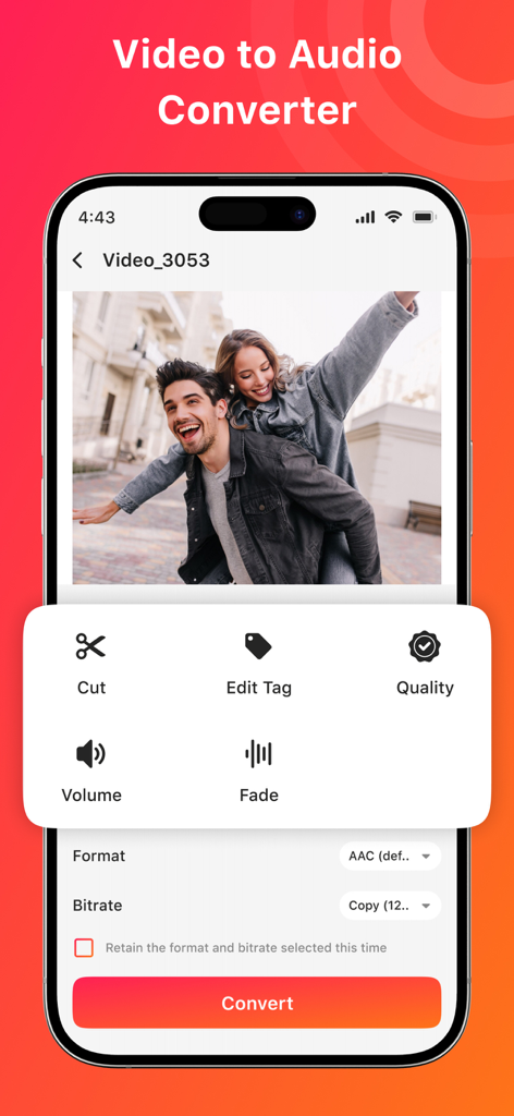 Video to audio converter mobile app interface with editing tools and format settings