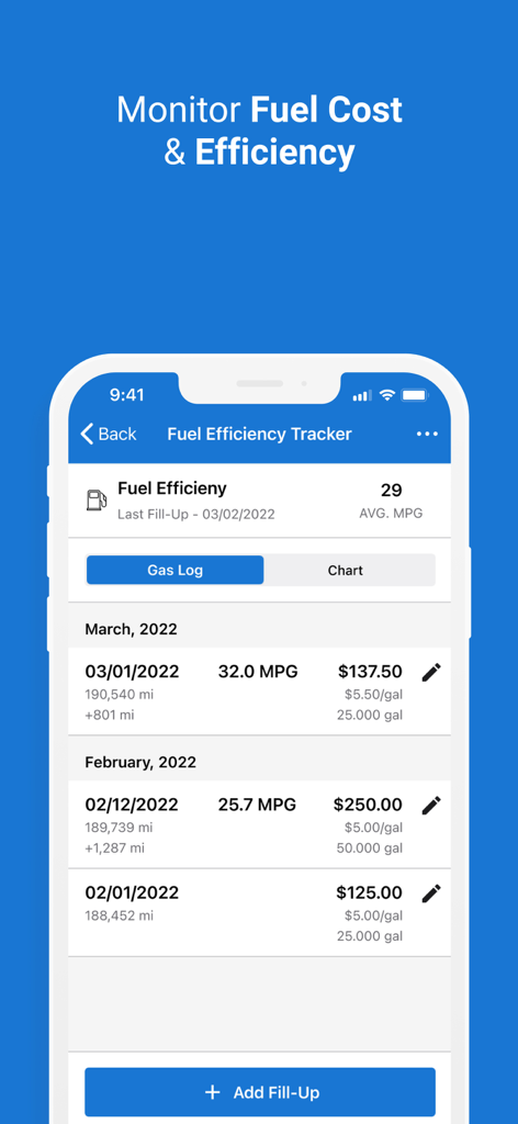 Interface of the CARFAX Car Care app showing a fuel efficiency tracker and gas log with mileage and fill up costs