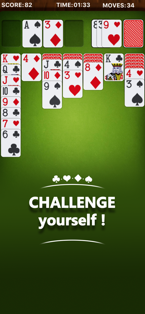 Solitaire Klondike * - Classic Klondike Solitaire game screen with large easy to read cards and challenge yourself text