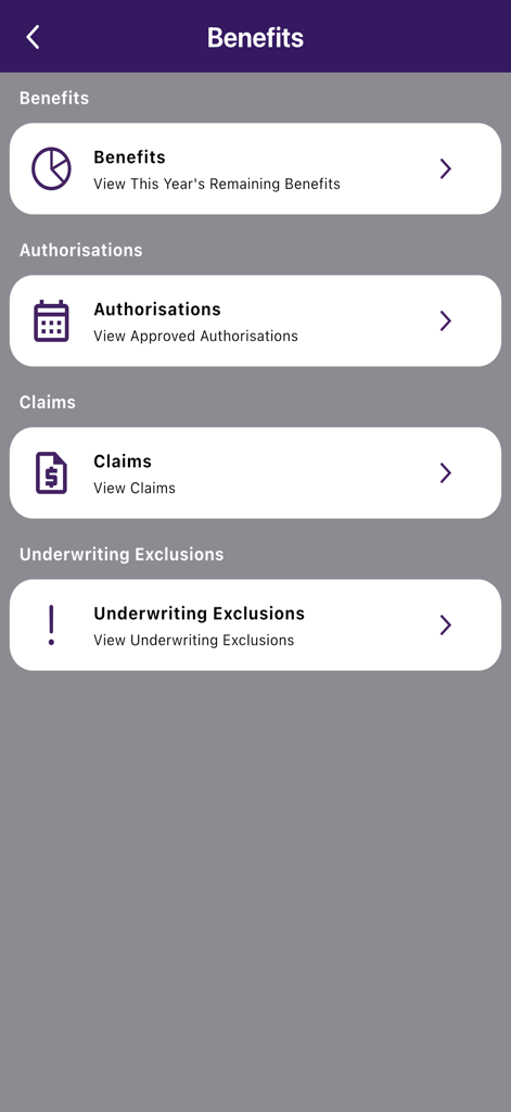 A menu screen in the Healthguard International app showing options for benefits, authorisations, and claims.