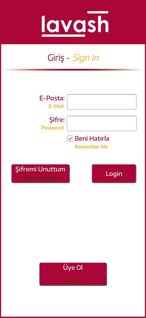 Login screen of the Lavash Mobile Sipariş app featuring email and password input fields with Turkish and English labels