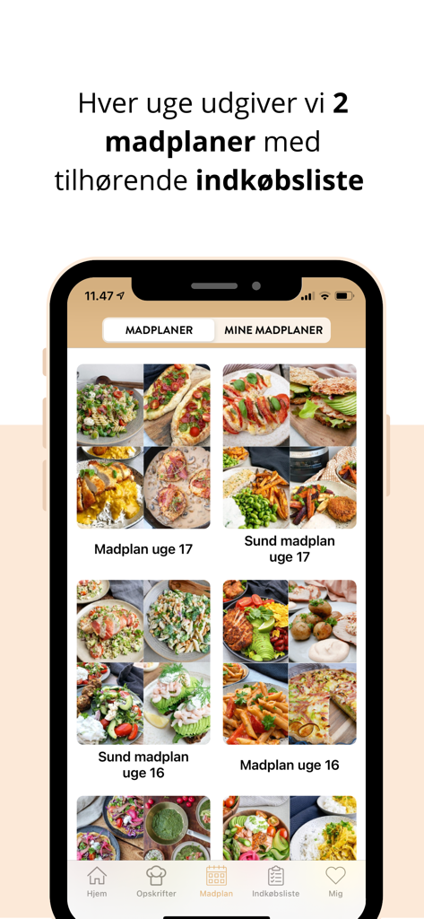 Mummum - Mummum mobile app showing various weekly meal plans with associated shopping lists