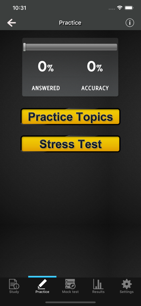 C&G 2393 Part P Exam Test - Interface of the C&G 2393 Part P exam preparation app showing practice test and stress test options