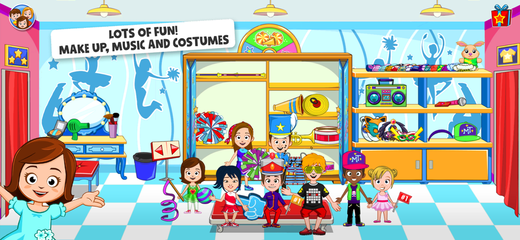 Children characters in a colorful dressing room with various costumes and musical instruments