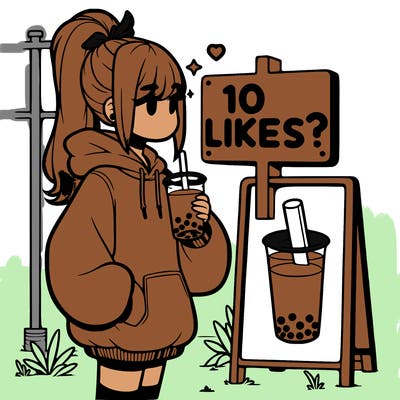 girl with oversized hoodie drinking boba and she has a high ponytail with a sign that says 10likes?