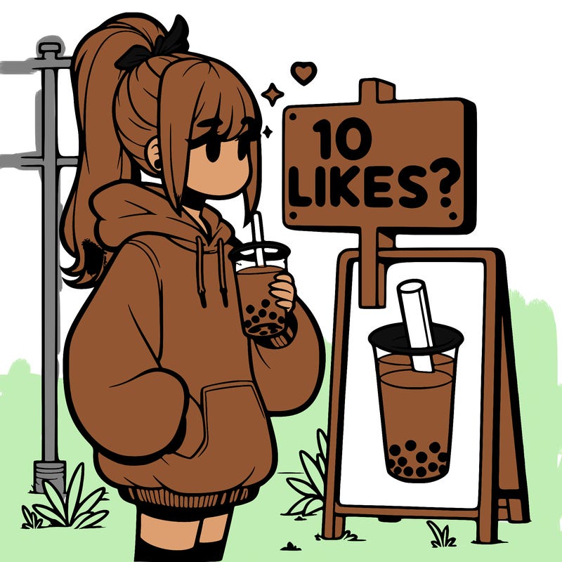 girl with oversized hoodie drinking boba and she has a high ponytail with a sign that says 10likes?