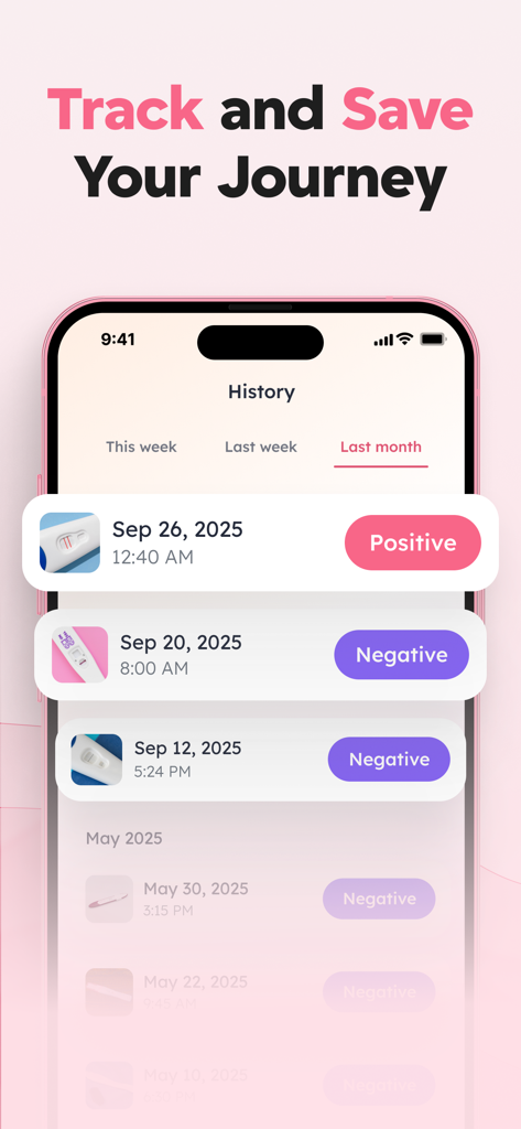 Pregnancy Test Checker & Scan - Pregnancy test history screen displaying a list of saved test results with positive and negative labels