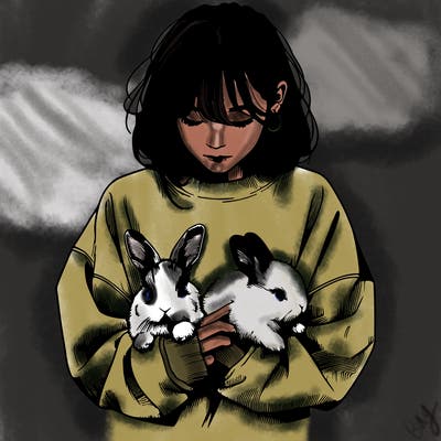 realistic girl with messy bunny baggy sweatshirt and holding bunnies