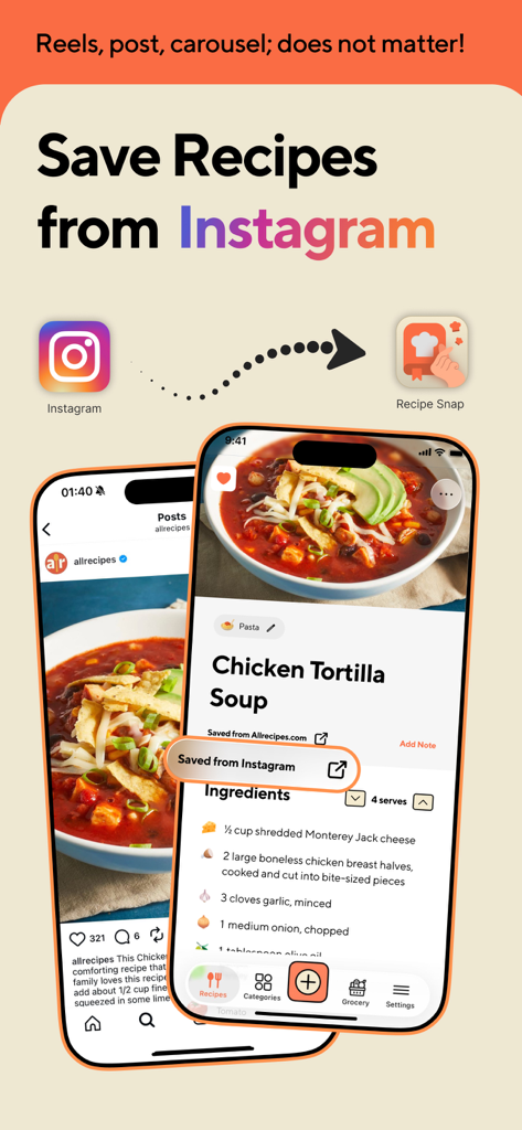 Recipe Keeper: RecipeSnap - An iPhone screen demonstrating how to save a Chicken Tortilla Soup recipe from an Instagram post directly into the RecipeSnap app.