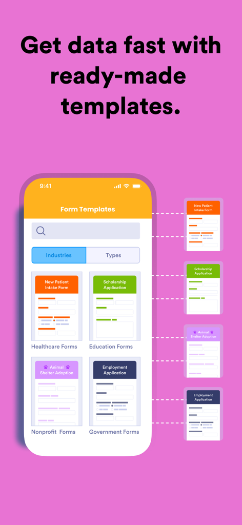 Jotform - Form, Sign & Survey - Jotform mobile app interface showing ready-made form templates for industries like healthcare and education