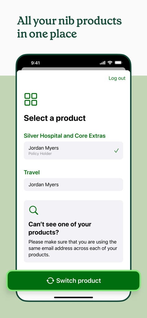 Interface of the nib mobile app showing the product selection screen for managing health and travel insurance policies