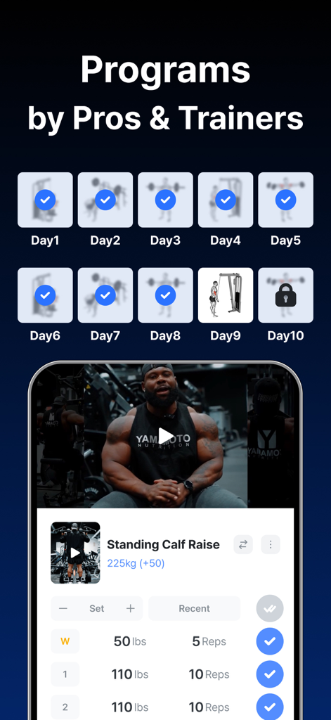 Gymwork: Workout Tracker Log - Interfaz de la aplicación Gymwork que muestra rutinas de entrenamiento profesionales y registros de levantamiento de pesas.