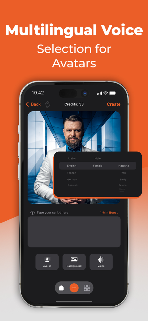 Avatalk - AI Video Generator - Interface of the Avatalk app showing the multilingual voice and gender selection menu for an AI avatar