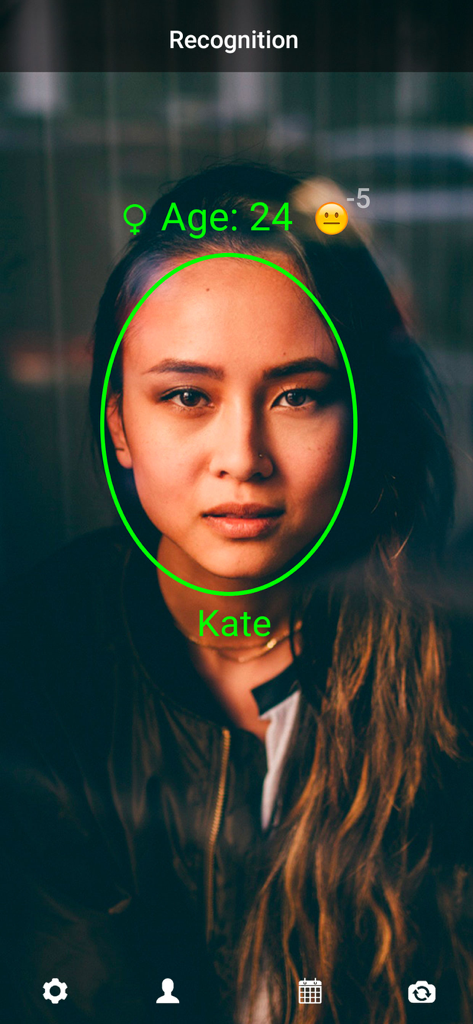 Facial recognition interface showing age and gender detection for a person named Kate
