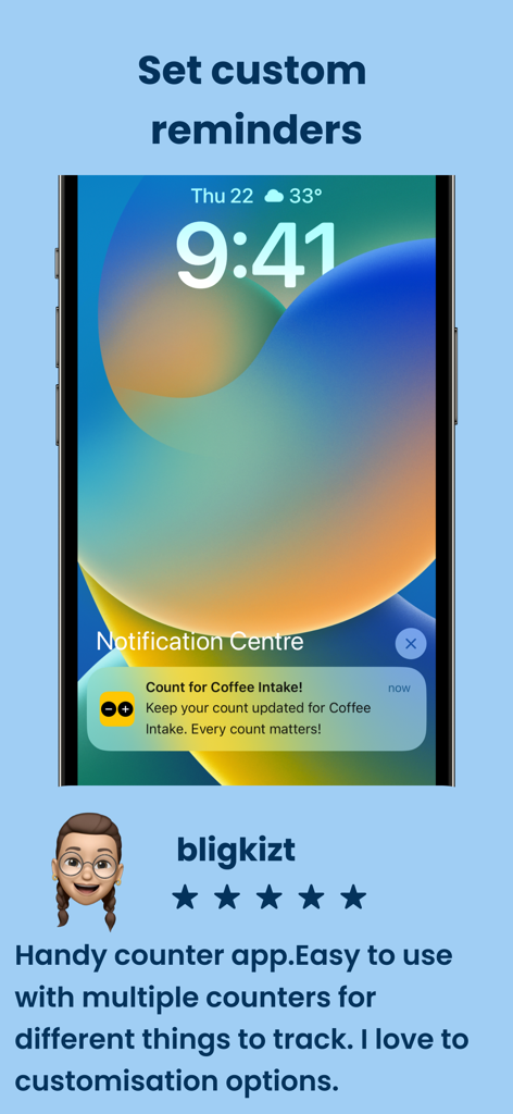 Tally Counter: Habit Tracker - iPhone lock screen showing a custom habit reminder notification for coffee intake from the Tally Counter app