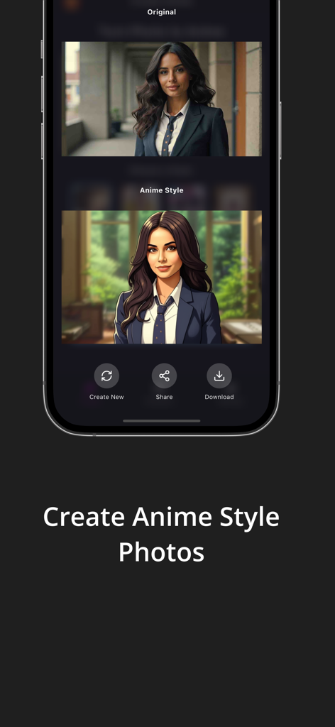 Anime Maker - Maketoon - Screenshot einer KI-Anime-Stil-Fototransformation, der die Original- und Anime-Versionen zeigt