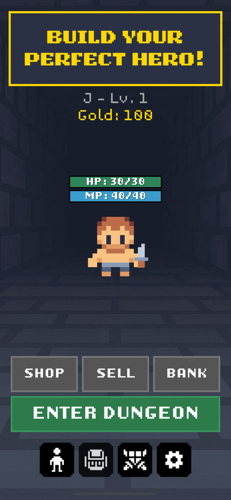 Rogue Realm - Rogue Realmのゲームメニュー。ステータスとダンジョンに入るボタンを備えたピクセルアートキャラクターが表示されます。