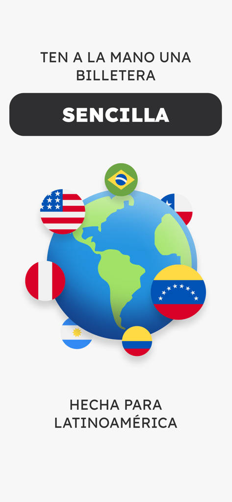 Ibis - Cartera digital de Ibis mostrando un globo con banderas latinoamericanas y el texto en español "simple wallet made for Latin America"